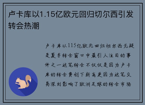 卢卡库以1.15亿欧元回归切尔西引发转会热潮